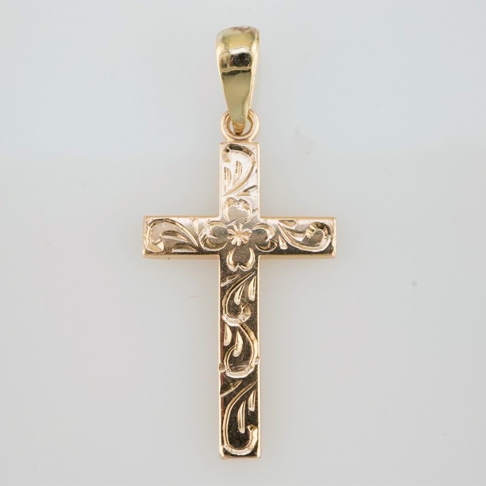 Solid 14k yellow gold hand engraved cross pendant